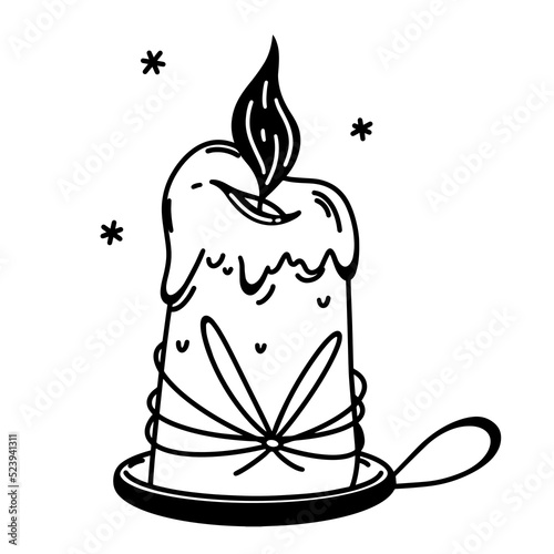 Burning wax candle vector icon. Candle on a candlestick, tied with thread. Witchcraft element, magical lighting tool. Black outline isolated on white. Illustration for logo, web, Halloween decorations