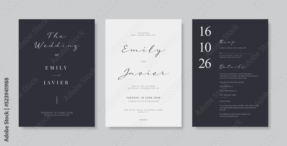 Elegant black and white wedding card template. luxury and minimalist