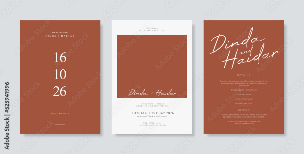 Beautiful wedding invitation template. Engraved and simple wedding engagement template. Set of wedding card template