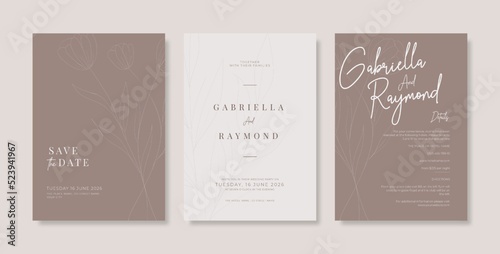 Wedding invitation template with engraved leaves. Simple and minimalist wedding engagement template