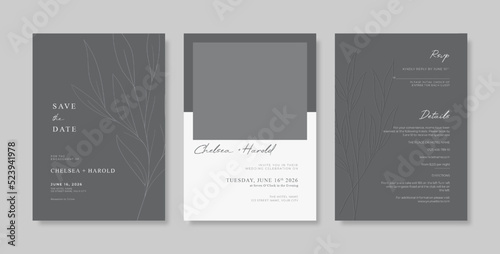 Elegant monochrome wedding invitation template. luxury and minimalist wedding invitation with engraved style. engraved grayscale wedding card template.