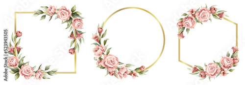 Beautiful pink floral watercolor with golden frame