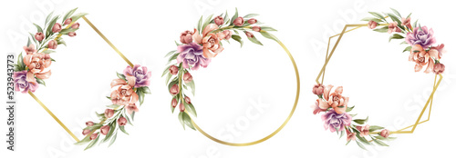 Beautiful purple and orange floral watercolor with golden frame