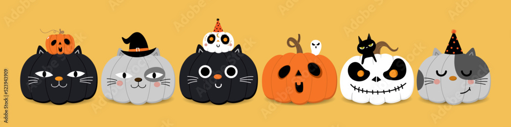 Happy halloween greeting card with magic owl, pumpkin in cat and ghost costume. Holidays cartoon character. -Vector Happy halloween greeting card with magic owl, pumpkin in cat and ghost costume. Holidays cartoon character. -Vector