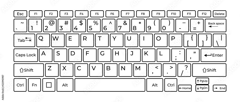 Computer keyboard button layout template with letters for graphic use. Transparent background. Illustration - obrazy, fototapety, plakaty 