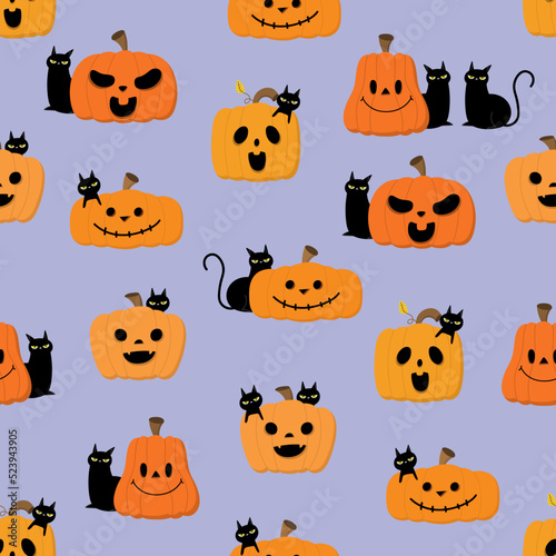 Scary monster pumpkin and cute black cat seamless pattern. Halloween holidays cartoon character background. -Vector