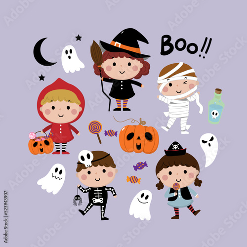 Happy halloween banner and background. Cute kids in witch, red riding hood, pirate, skeleton and mummy costume. Ghost and spooky pumpkin. Holidays cartoon character isolated set. -Vector