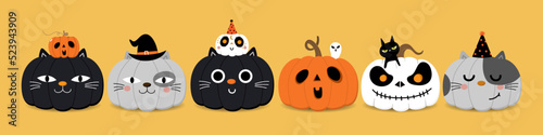 Fototapeta Naklejka Na Ścianę i Meble -  Happy halloween greeting card with magic owl, pumpkin in cat and ghost costume. Holidays cartoon character. -Vector
