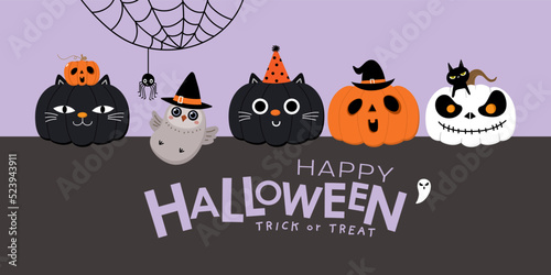 Happy halloween greeting card with magic owl, pumpkin in cat and ghost costume. Holidays cartoon character. -Vector