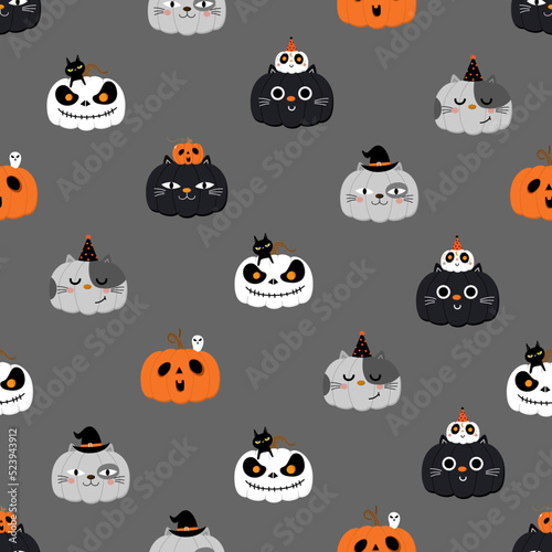 Cute pumpkin in cat costume and kitten seamless pattern. Halloween holidays cartoon character background. -Vector