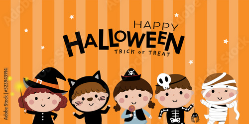 Happy halloween banner and background. Cute kids in witch, red riding hood, pirate, skeleton and mummy costume. Ghost and spooky pumpkin. Holidays cartoon character isolated set. -Vector