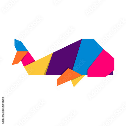 Whale origami. Abstract colorful vibrant whale logo design. Animal origami. Transparent background. Illustration