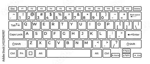 Computer keyboard button layout template with letters for graphic use. Transparent background. Illustration