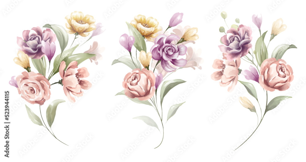 Colorful watercolor floral bouquet collection