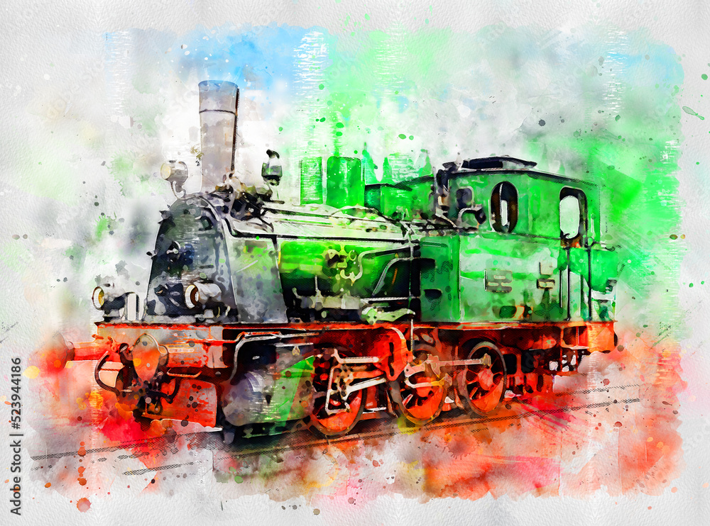 Old vintage train with steam engine in green color