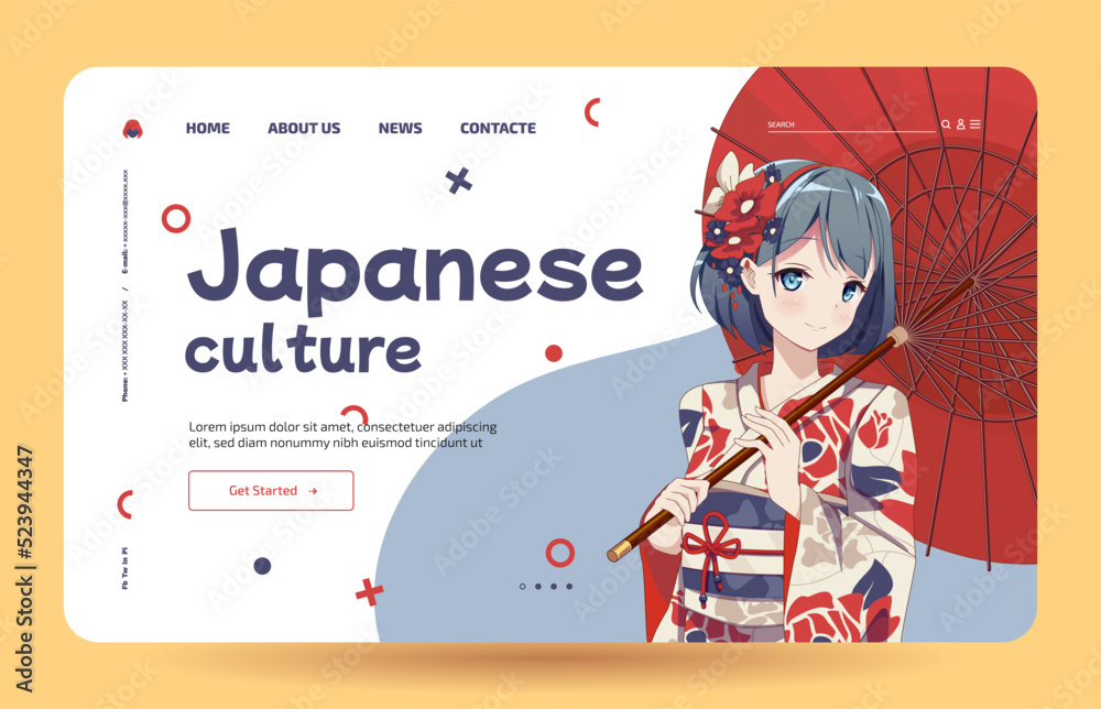 Landing page template. Anime girl in kimono and umbrella vector de Stock | Adobe Stock Landing page template. Anime girl in kimono and umbrella vector de Stock | Adobe Stock