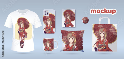 Anime girl in kimono. Prints on t-shirts, cases, souvenir