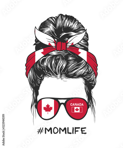 Messy bun hairstyle with Canadian flag headband and glasses, vector illustration