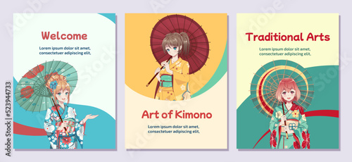 Poster flyer anime manga girls in kimono holding umbrella