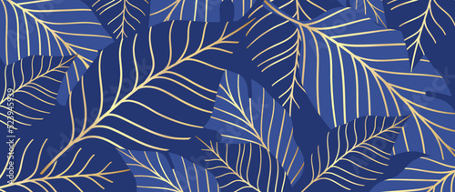Fototapeta Naklejka Na Ścianę i Meble -  Abstract foliage line art vector background. Luxury gold wallpaper of blue tropical leaves and tree in hand drawn pattern. Elegant line art of summer jungle for banner, prints, decoration, fabric.