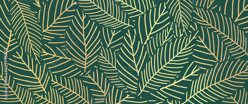 Abstract foliage line art vector background. Luxury gold wallpaper of blue tropical leaves and tree in hand drawn pattern. Elegant line art of summer jungle for banner, prints, decoration, fabric.