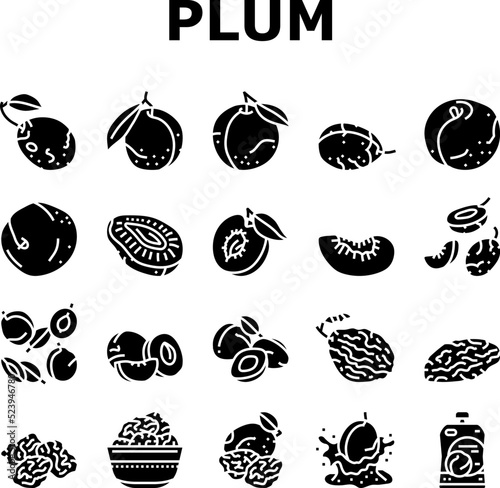 plum fruit green red prune icons set vector