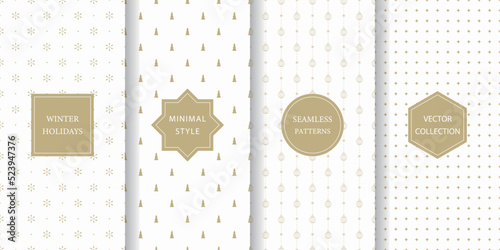 Set of minimalistic seamless patterns for winter holidays. White and gold subtle texture for Christmas with trees, snowflakes, ornaments, and stars. © Torico