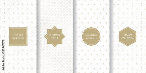 Set of minimalistic seamless patterns for winter holidays. White and gold subtle texture for Christmas with snowman, tree, lattice pattern, and snow.