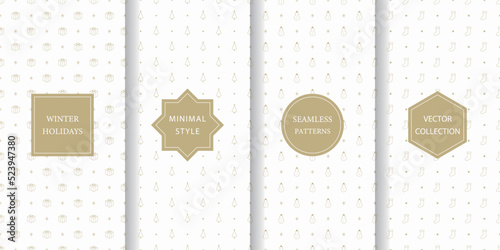 Set of minimalistic seamless patterns for winter holidays. White and gold subtle texture for Christmas with gift box, tree, snowman, and sock.