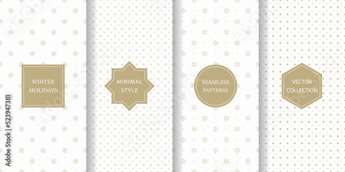 Set of minimalistic seamless patterns for winter holidays. White and gold subtle texture for Christmas with ornamental snow, star, light, diamond.