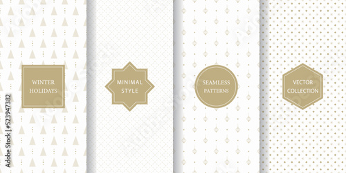 Set of minimalistic seamless patterns for winter holidays. White and gold subtle texture for Christmas with abstract tree, ornament, lattice, and light.