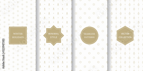 Set of minimalistic seamless patterns for winter holidays. White and gold subtle texture for Christmas with geometric tree, ornament, sparkle, and star.