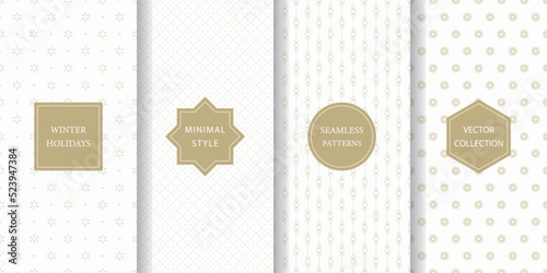 Set of minimalist seamless patterns for winter holidays. White and gold subtle texture for Christmas with snowflake, diamond, lattice pattern.