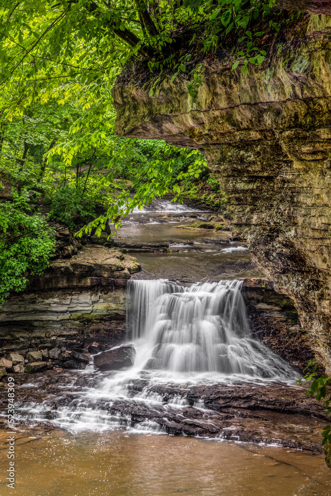 Obraz premium A small, beautiful waterfall splashes over a cliff and into a rocky forest canyon at McCormick’s Creek State Park, the first state park in Owen County, Indiana.
