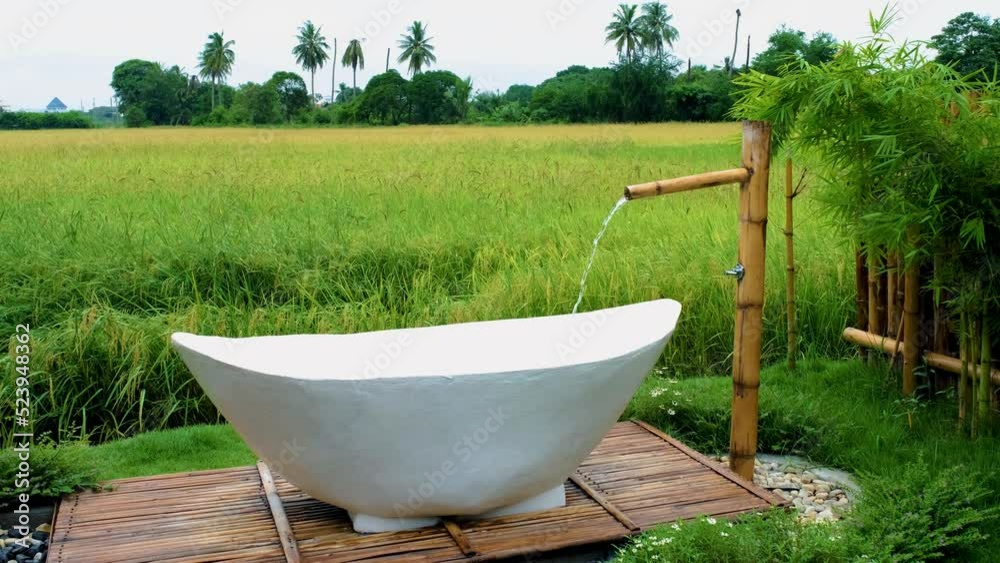 white bathtub between a beautiful green paddy field in Thailand, bath