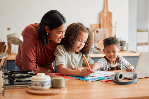 Homeschool, education and distance learning for children while mother, parent and woman helps son and daughter. Teaching, talking and bonding with kids doing home school, homework and learning test