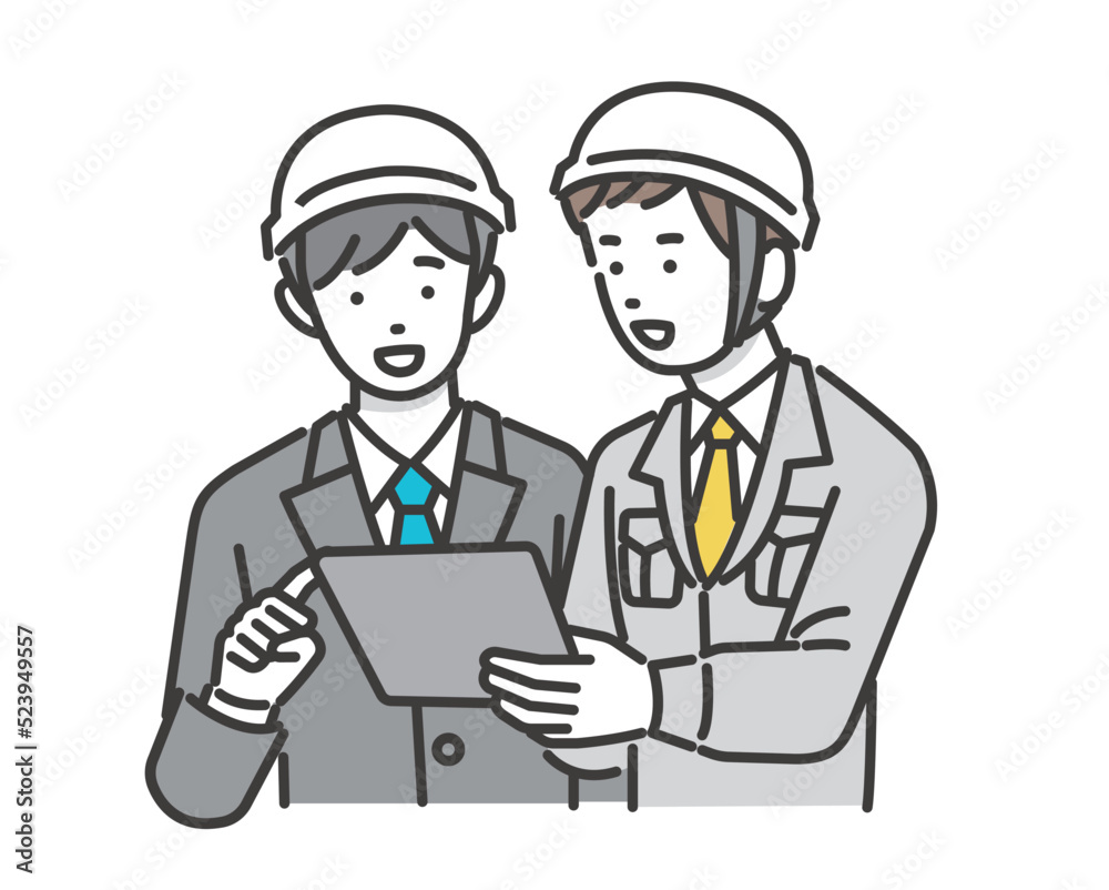 タブレットで説明をする作業員のベクターイラスト素材/建築/IT/物流/DX タブレットで説明をする作業員のベクターイラスト素材/建築/IT/物流/DX