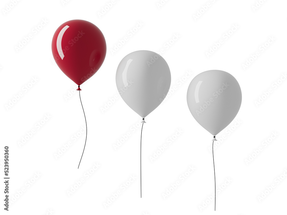 3d stand out from the crowd and different concept , One red balloon flying away from other white balloons on white wall background.3d illustration. 3d stand out from the crowd and different concept , One red balloon flying away from other white balloons on white wall background.3d illustration.