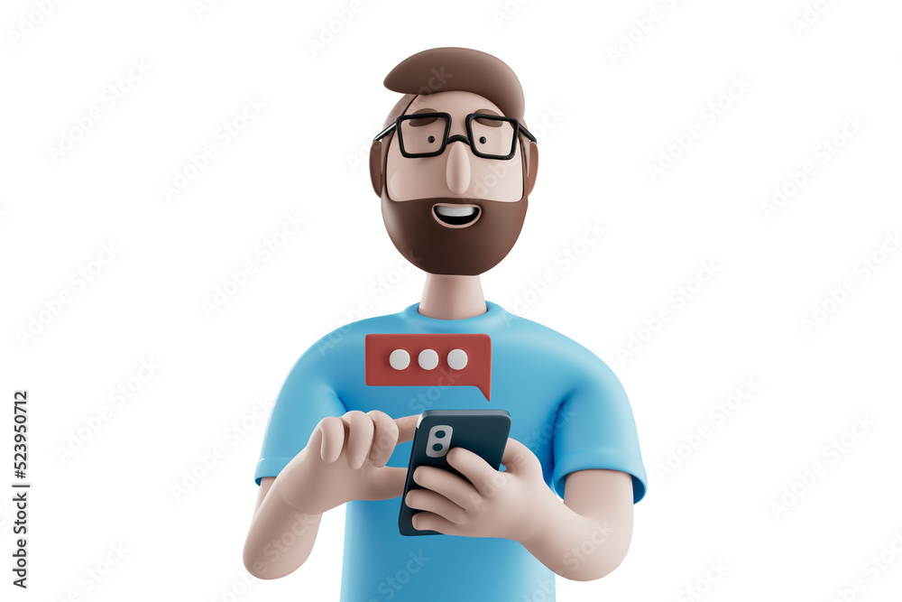 3d illustration..Happy cartoon character man use smartphone with red text bubble over white background. Social network messenger concept. 3d illustration..Happy cartoon character man use smartphone with red text bubble over white background. Social network messenger concept.