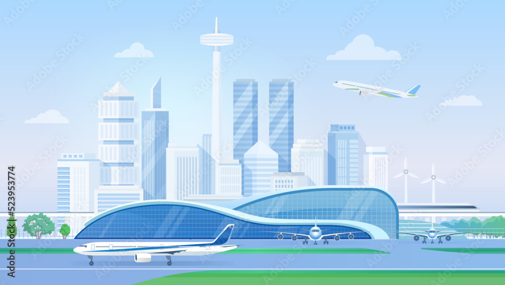 Cartoon urban panorama cityscape with airlines architecture, aircrafts on runway, towers of business skyscrapers background. Airport terminal with airplanes, modern city skyline vector illustration. Cartoon urban panorama cityscape with airlines architecture, aircrafts on runway, towers of business skyscrapers background. Airport terminal with airplanes, modern city skyline vector illustration.