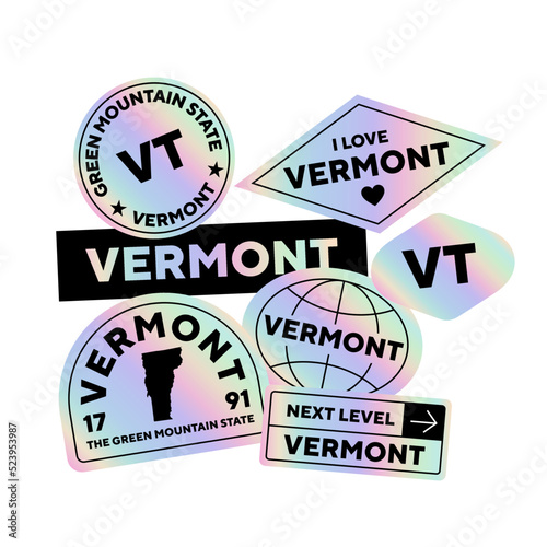 Sticker Pack. Collection of trendy pins. Set of cool patches vector design. Vermont state, USA retro badges.