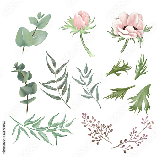  Flowers Set of watercolor leaves and branches lovely design elements.