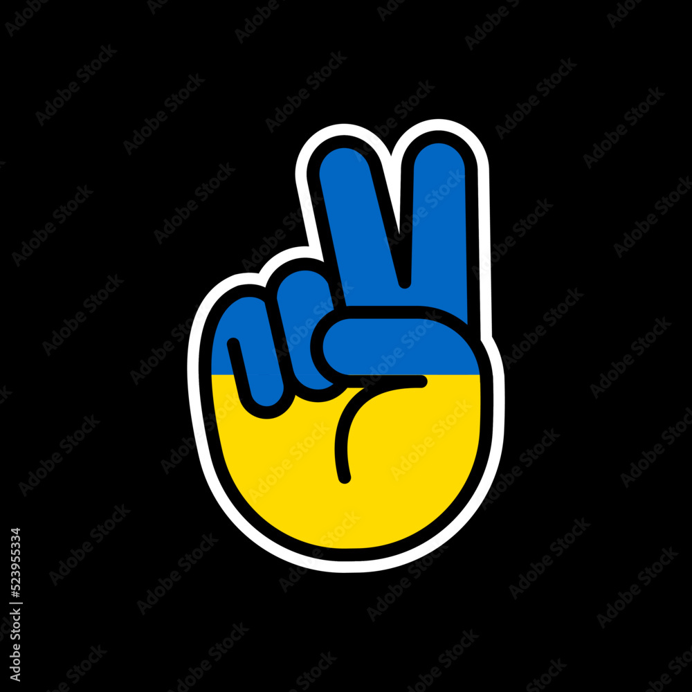 Hand gesture V sign of victory or peace line icon flag of Ukraine. Simple outline style for apps and websites.