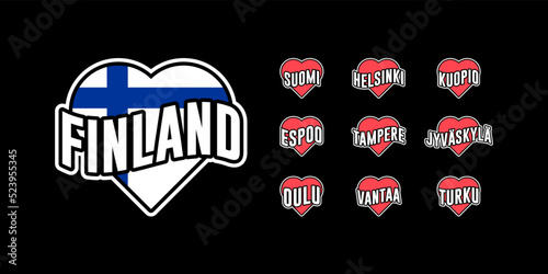 Finnish national flag heart travel Stickers. Suomi cities in heart. 
