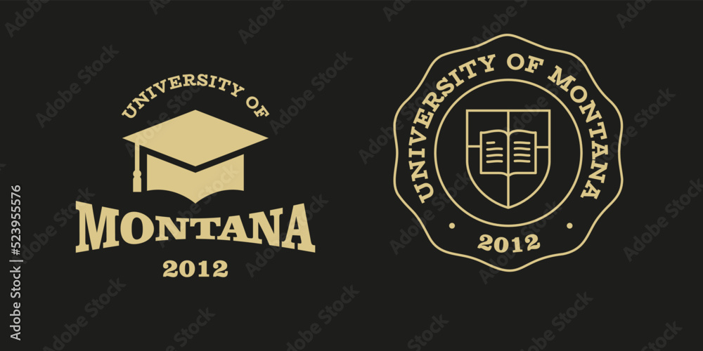 Montana slogan typography graphics for t-shirt. University print and logo for apparel. T-shirt design with shield and graduate hat. Vector illustration.