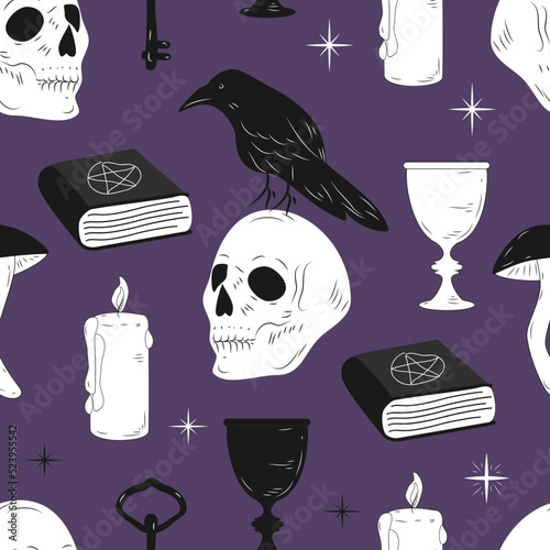 vector seamless pattern on the theme of halloween and witchcraft. pattern with skulls, ravens, magic books, goblets and candles