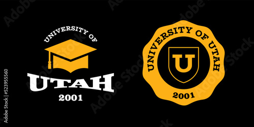 Utah slogan typography graphics for t-shirt. University print and logo for apparel. T-shirt design with shield and graduate hat. Vector illustration.