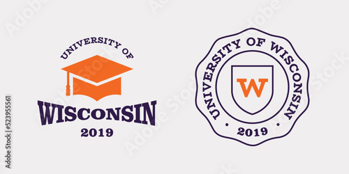 Wisconsin slogan typography graphics for t-shirt. University print and logo for apparel. T-shirt design with shield and graduate hat. Vector illustration.