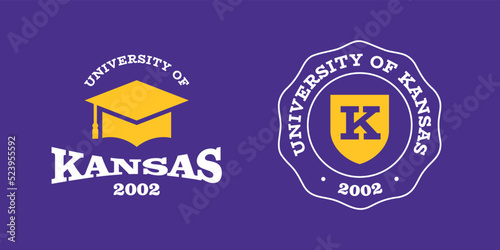 Kansas slogan typography graphics for t-shirt. University print and logo for apparel. T-shirt design with shield and graduate hat. Vector illustration.