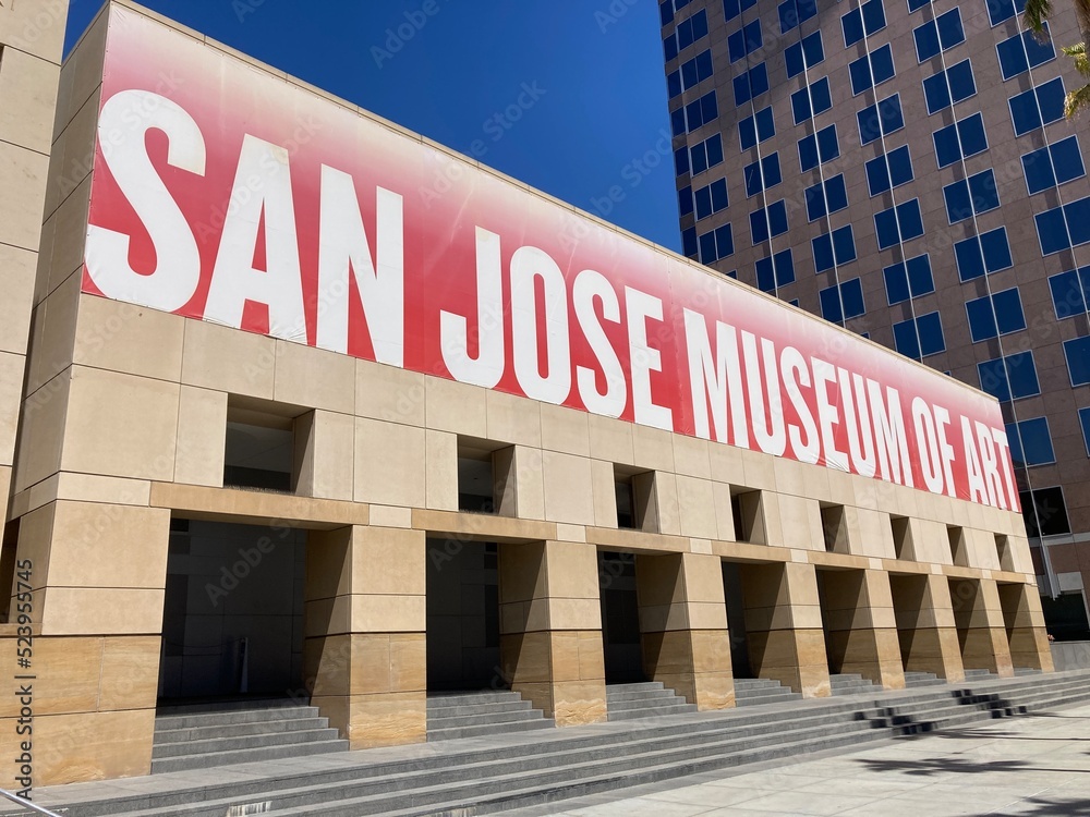 San Jose Museum of Art sign on the facade of a modern and contemporary ...